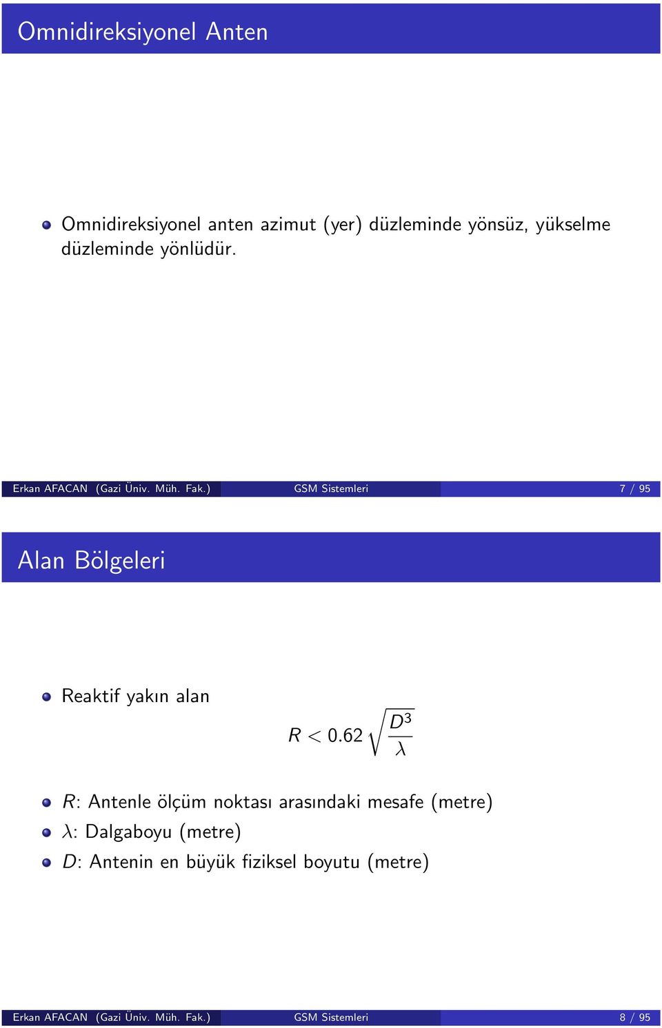 ) GSM Sistemleri 7 / 95 Alan Bölgeleri Reaktif yakın alan R < 0.