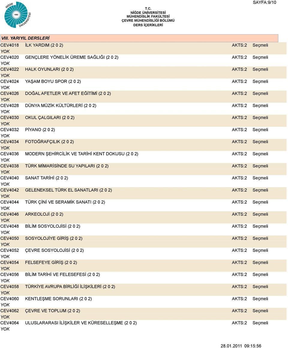 CEV4062 CEV4064 İLK YARDIM (2 0 2) GENÇLERE YÖNELİK ÜREME SAĞLIĞI (2 0 2) HALK OYUNLARI (2 0 2) YAŞAM BOYU SPOR (2 0 2) DOĞAL AFETLER VE AFET EĞİTİMİ (2 0 2) DÜNYA MÜZİK KÜLTÜRLERİ (2 0 2) OKUL