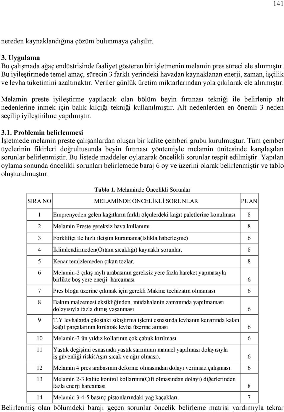 Melamin preste iyileştirme yapılacak olan bölüm beyin fırtınası tekniği ile belirlenip alt nedenlerine inmek için balık kılçığı tekniği kullanılmıştır.