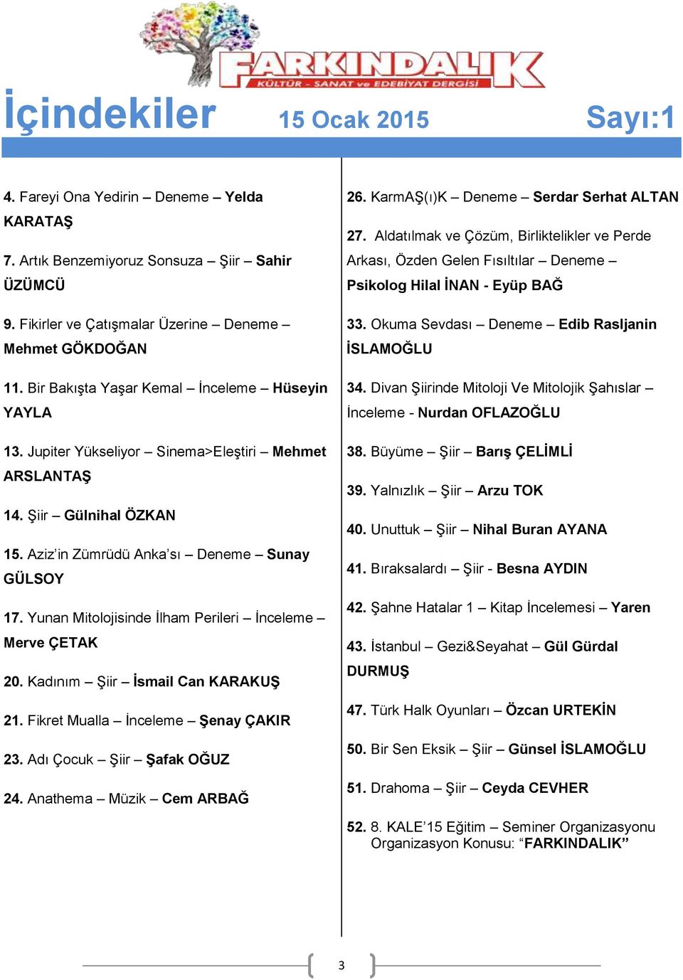 Yunan Mitolojisinde İlham Perileri İnceleme Merve ÇETAK 20. Kadınım Şiir İsmail Can KARAKUŞ 21. Fikret Mualla İnceleme Şenay ÇAKIR 23. Adı Çocuk Şiir Şafak OĞUZ 24. Anathema Müzik Cem ARBAĞ 26.