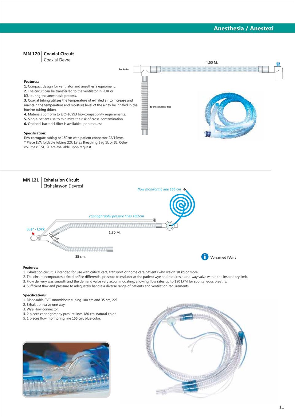 Coaxial tubing utilizes the temperature of exhaled air to increase and maintain the temperature and moisture level of the air to be inhaled in the inteiror tubing (blue). 4.