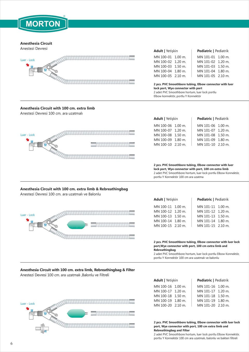 PVC Smoothbore tubing, Elbow connector with luer lock port, Wye connector with port 2 adet PVC Smoothbore hortum, luer lock portlu Elbow konnektör, portlu Y Konnektör Anesthesia Circuit with 100 cm.