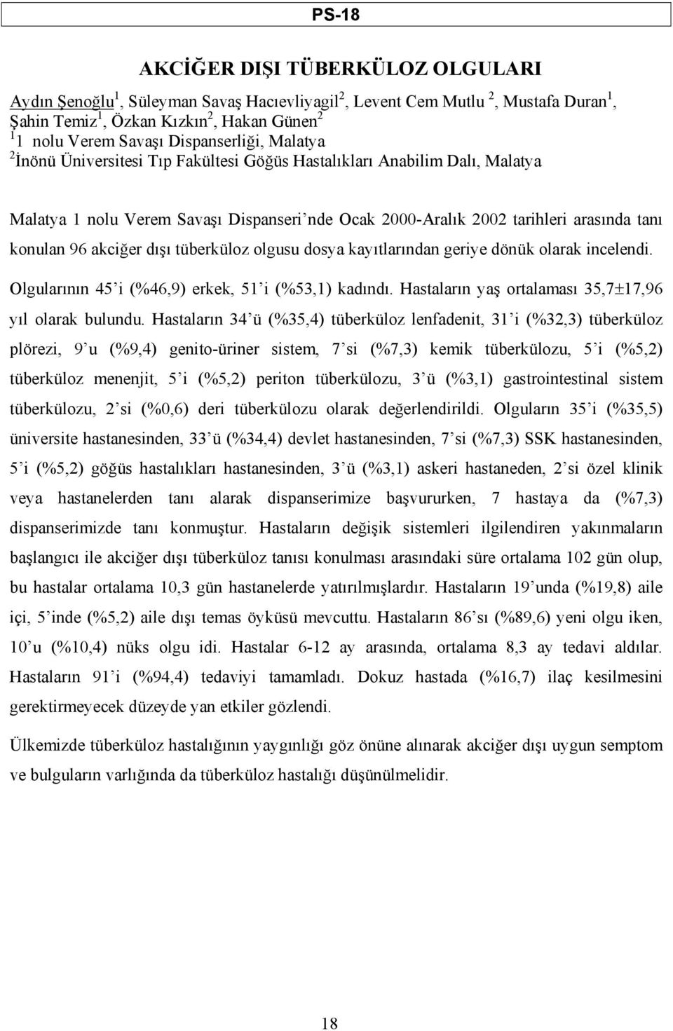 akciğer dışı tüberküloz olgusu dosya kayıtlarından geriye dönük olarak incelendi. Olgularının 45 i (%46,9) erkek, 51 i (%53,1) kadındı. Hastaların yaş ortalaması 35,7±17,96 yıl olarak bulundu.