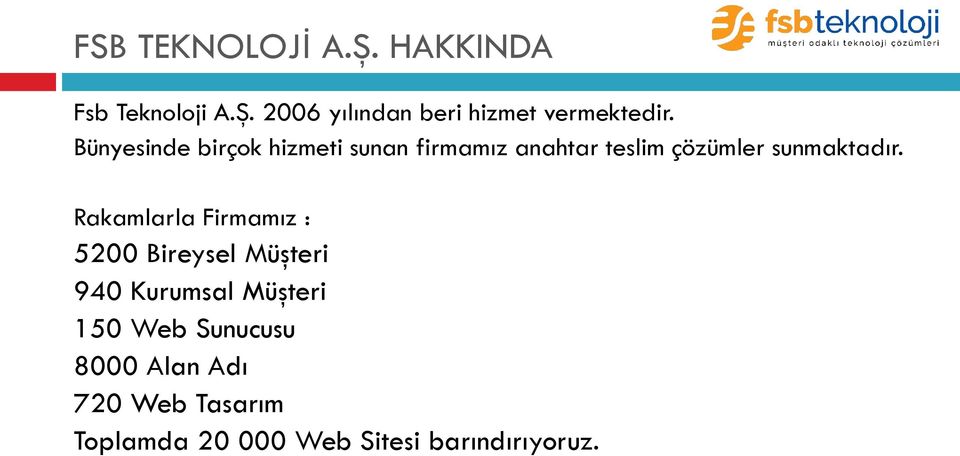 Rakamlarla Firmamız : 5200 Bireysel Müşteri 940 Kurumsal Müşteri 150 Web