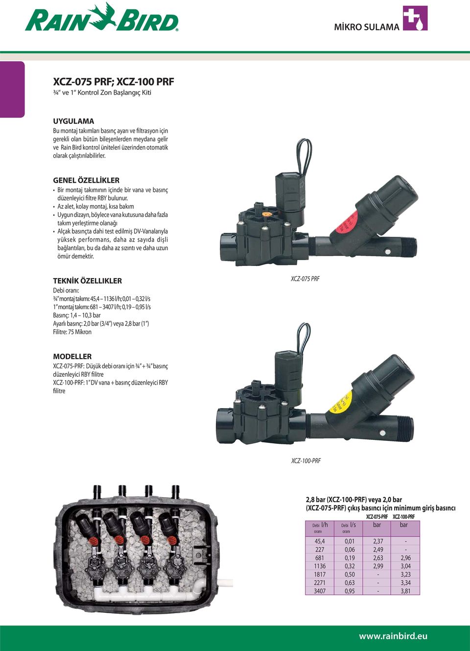 TEKNİK ÖZELLIKLER Debi oranı: Basınç: 1,4 10,3 bar Ayarlı basınç: 2,0 bar (3/4 ) veya 2,8 bar (1 ) Filitre: 75 Mikron XCZ-075 PRF düzenleyici RBY filitre filitre XCZ-100-PRF 2,8 bar (XCZ-100-PRF)