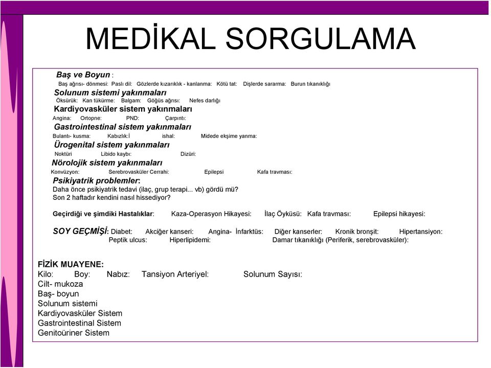 Ürogenital sistem yakınmaları Noktüri Libido kaybı: Dizüri: Nörolojik sistem yakınmaları Konvüzyon: Serebrovasküler Cerrahi: Epilepsi Kafa travması: Psikiyatrik problemler: Daha önce psikiyatrik