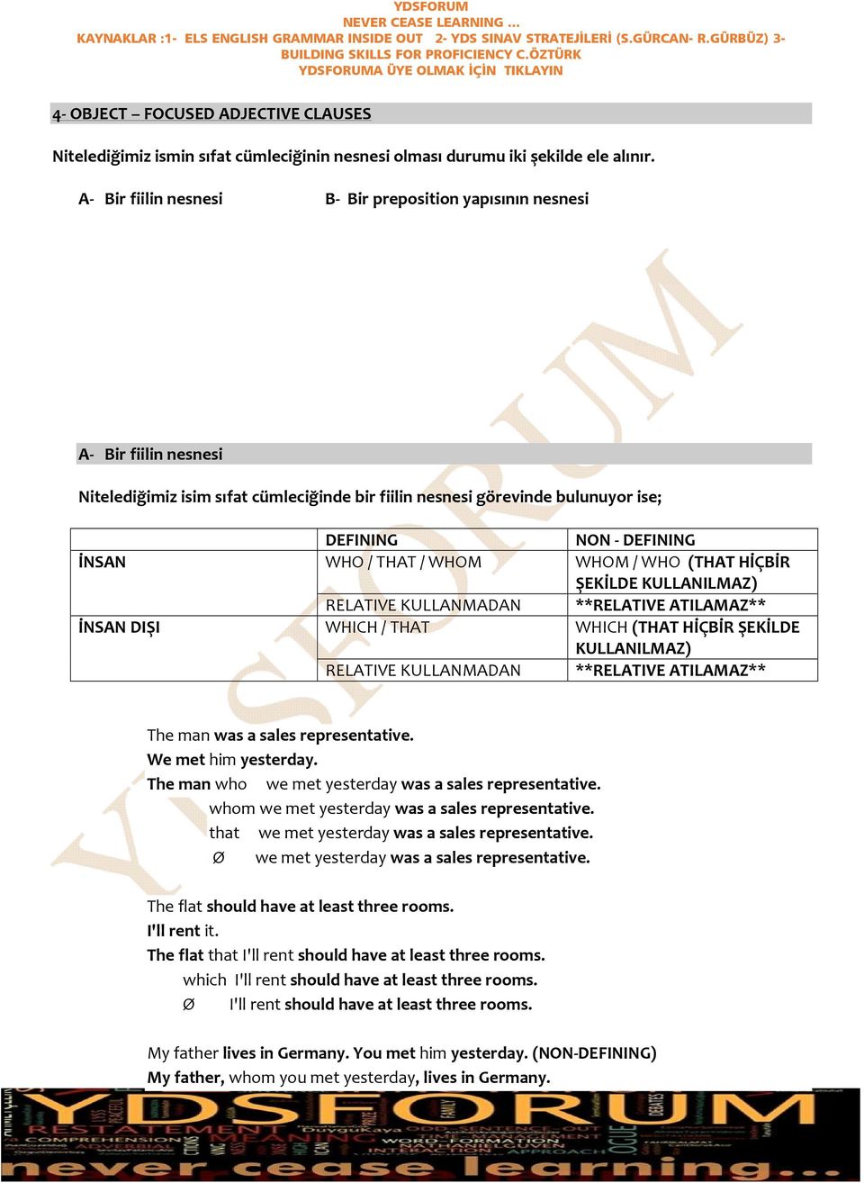 THAT / WHOM WHOM / WHO (THAT HİÇBİR ŞEKİLDE KULLANILMAZ) RELATIVE KULLANMADAN **RELATIVE ATILAMAZ** İNSAN DIŞI WHICH / THAT WHICH (THAT HİÇBİR ŞEKİLDE KULLANILMAZ) RELATIVE KULLANMADAN **RELATIVE