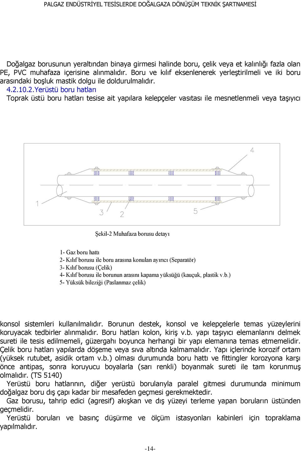 10.2.Yerüstü boru hatları Toprak üstü boru hatları tesise ait yapılara kelepçeler vasıtası ile mesnetlenmeli veya taģıyıcı Şekil-2 Muhafaza borusu detayı 1- Gaz boru hattı 2- Kılıf borusu ile boru