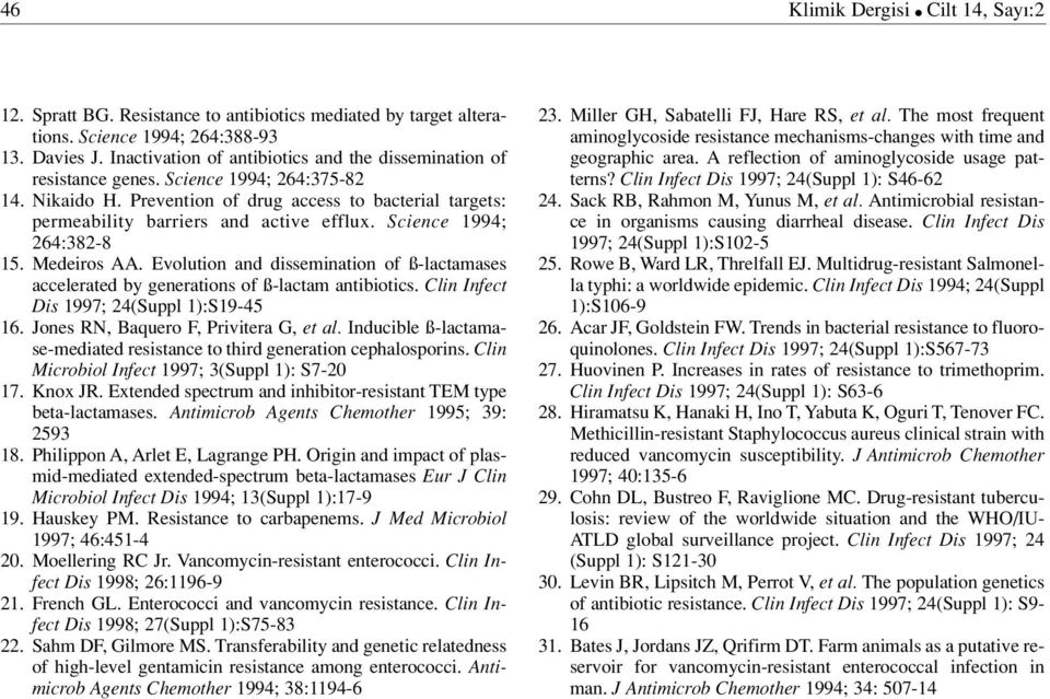 Science 1994; 264:382-8 15. Medeiros AA. Evolution and dissemination of ß-lactamases accelerated by generations of ß-lactam antibiotics. Clin Infect Dis 1997; 24(Suppl 1):S19-45 16.