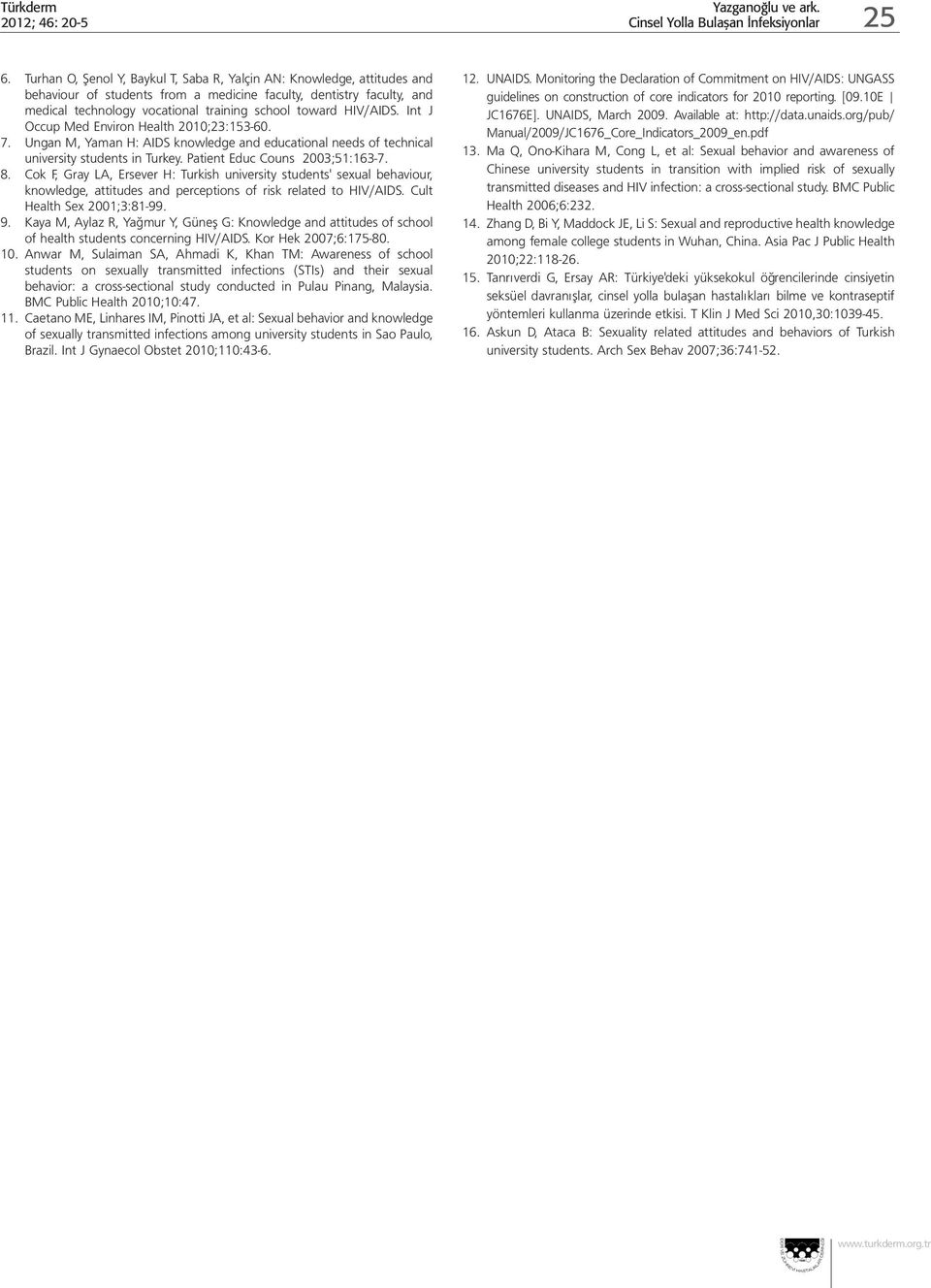 HIV/AIDS. Int J Occup Med Environ Health 2010;23:153-60. 7. Ungan M, Yaman H: AIDS knowledge and educational needs of technical university students in Turkey. Patient Educ Couns 2003;51:163-7. 8.