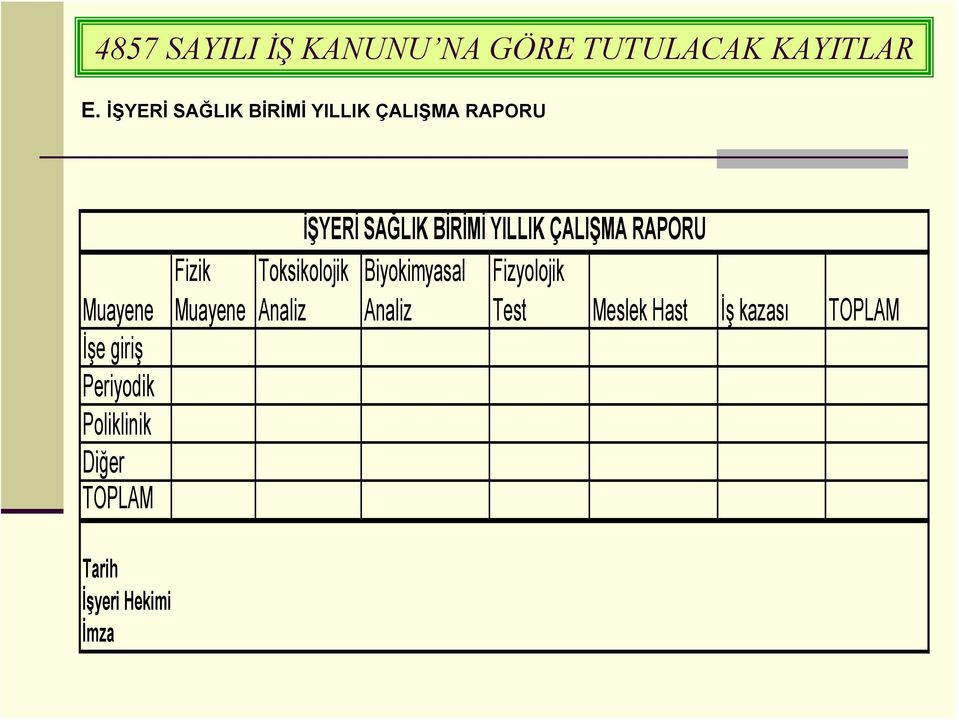 Poliklinik Diğer TOPLAM Fizik Muayene İŞYERİ SAĞLIK BİRİMİ YILLIK ÇALIŞMA