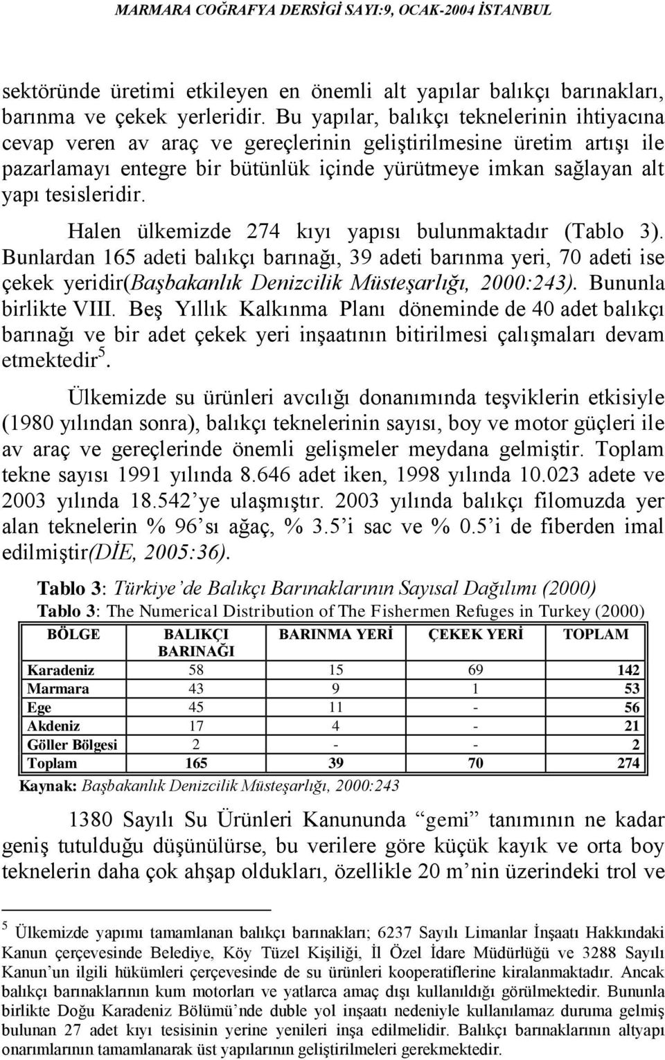 tesisleridir. Halen ülkemizde 274 kıyı yapısı bulunmaktadır (Tablo 3).