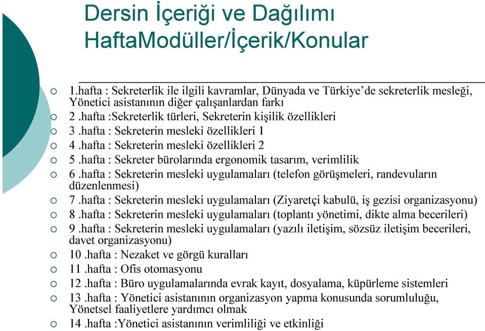 hafta : Sekreter bürolarında ergonomik tasarım, verimlilik 6.hafta : Sekreterin mesleki uygulamaları (telefon görüşmeleri, randevuların düzenlenmesi) 7.