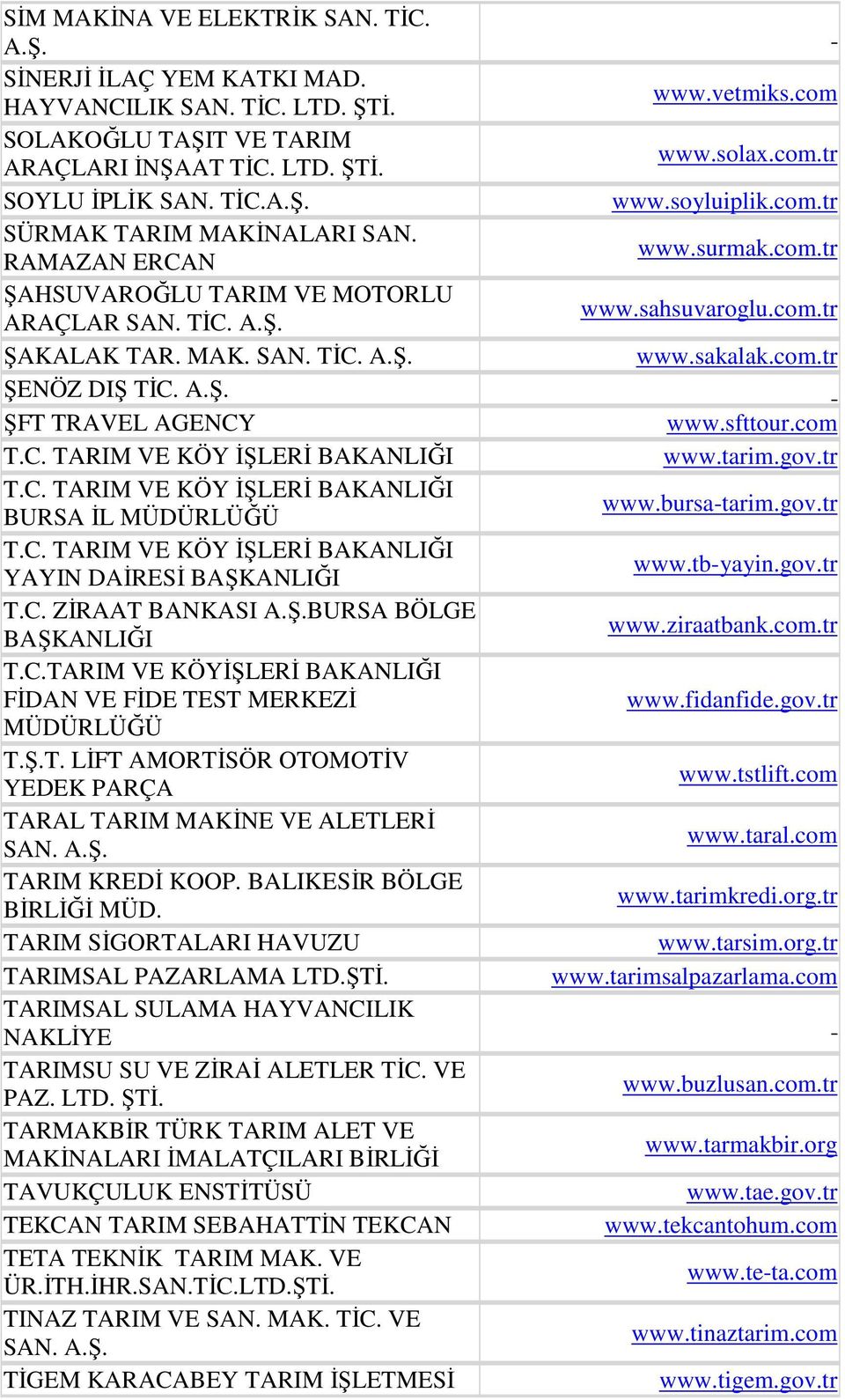 C. TARIM VE KÖY İŞLERİ BAKANLIĞI YAYIN DAİRESİ BAŞKANLIĞI T.C. ZİRAAT BANKASI BURSA BÖLGE BAŞKANLIĞI T.C.TARIM VE KÖYİŞLERİ BAKANLIĞI FİDAN VE FİDE TEST MERKEZİ MÜDÜRLÜĞÜ T.Ş.T. LİFT AMORTİSÖR OTOMOTİV YEDEK PARÇA TARAL TARIM MAKİNE VE ALETLERİ SAN.