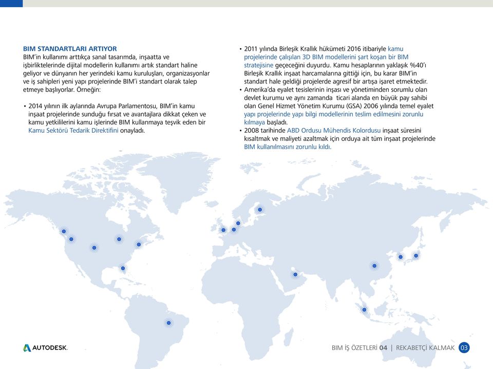 Örneğin: 2014 yılının ilk aylarında Avrupa Parlamentosu, BIM in kamu inşaat projelerinde sunduğu fırsat ve avantajlara dikkat çeken ve kamu yetkililerini kamu işlerinde BIM kullanmaya teşvik eden bir
