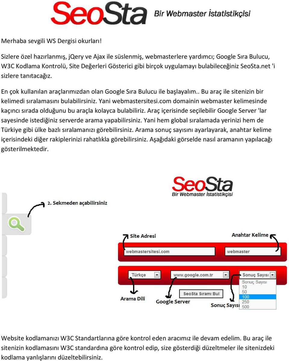 net 'i sizlere tanıtacağız. En çok kullanılan araçlarımızdan olan Google Sıra Bulucu ile başlayalım.. Bu araç ile sitenizin bir kelimedi sıralamasını bulabilirsiniz. Yani webmastersitesi.