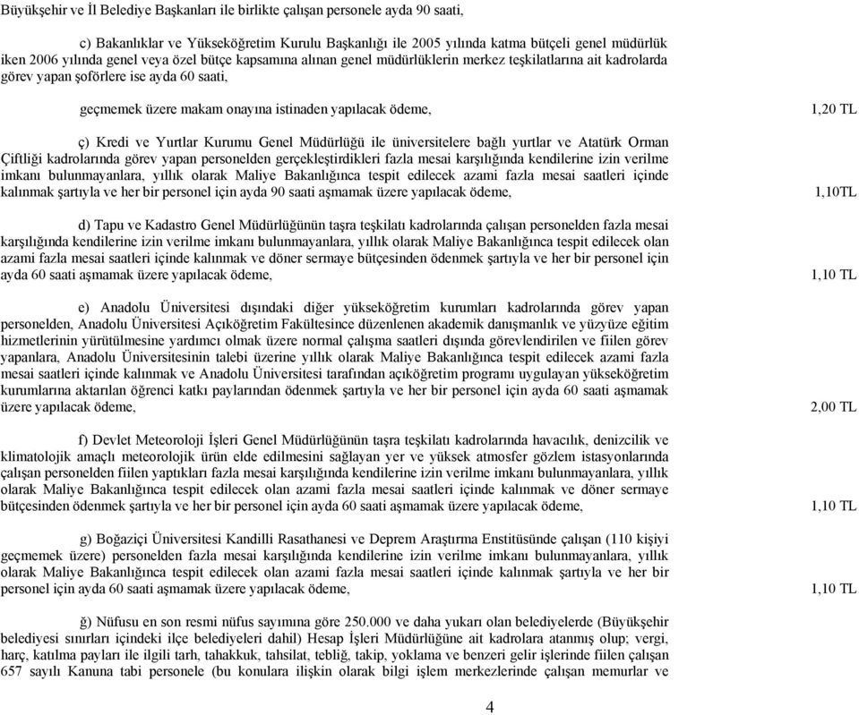 TL ç) Kredi ve Yurtlar Kurumu Genel Müdürlüğü ile üniversitelere bağlı yurtlar ve Atatürk Orman Çiftliği kadrolarında görev yapan personelden gerçekleştirdikleri fazla mesai karşılığında kendilerine