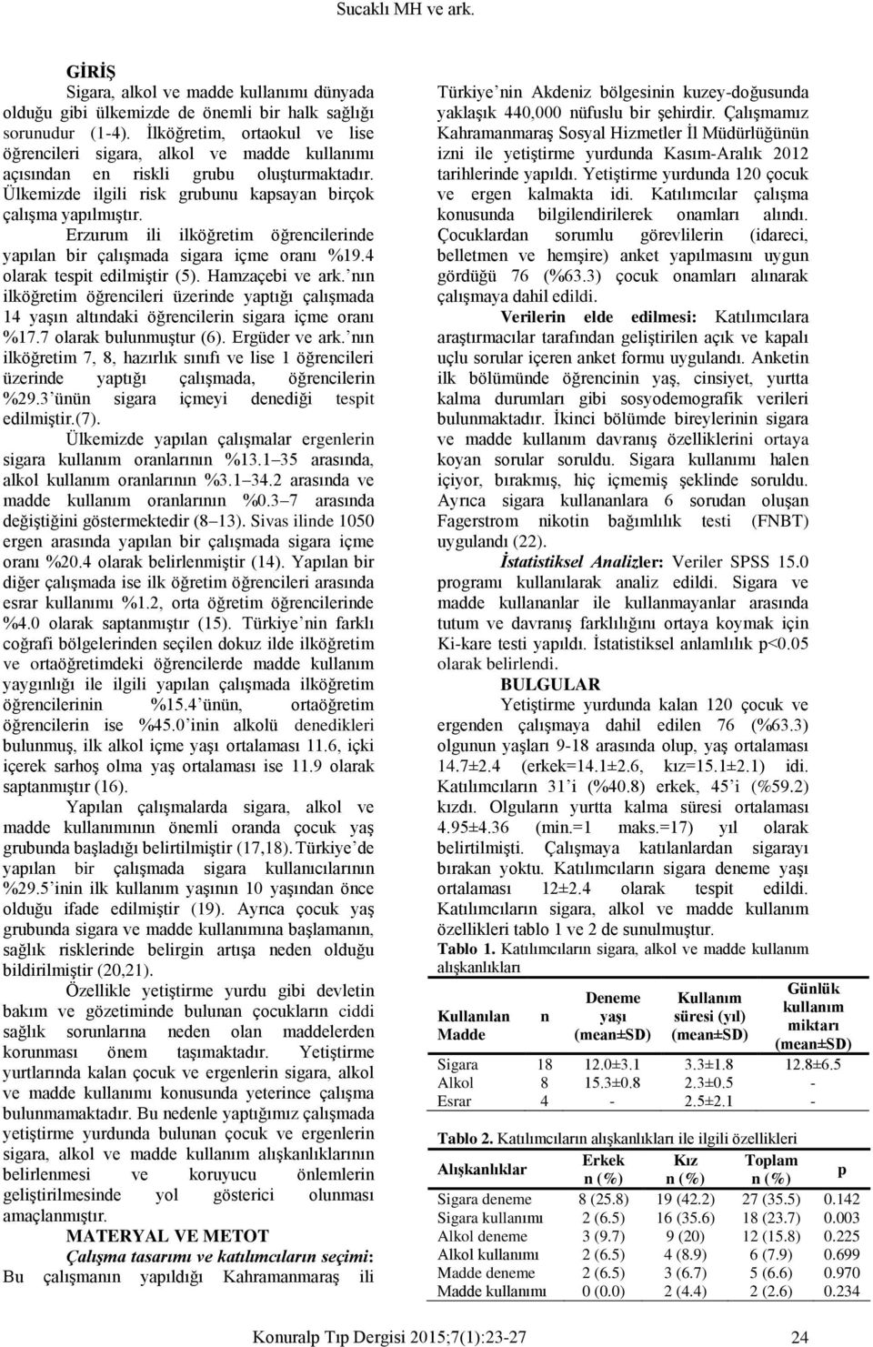 Erzurum ili ilköğretim öğrencilerinde yapılan bir çalışmada sigara içme oranı %19.4 olarak tespit edilmiştir (5). Hamzaçebi ve ark.