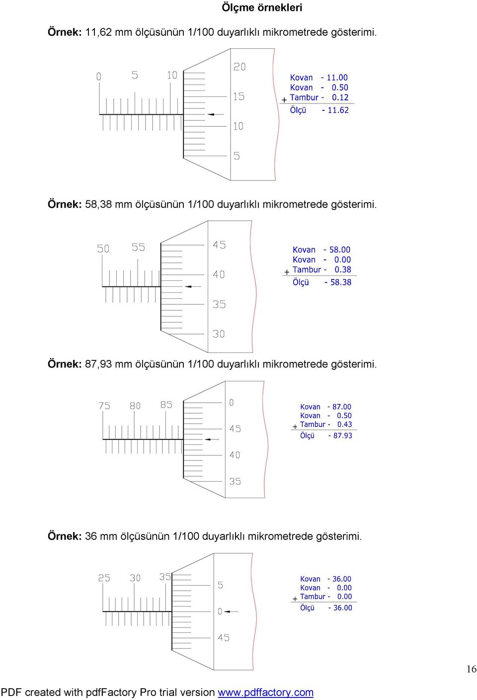 Örnek: 58,38 mm ölçüsünün 1/100 duyarlıklı  Örnek: 87,93 mm ölçüsünün