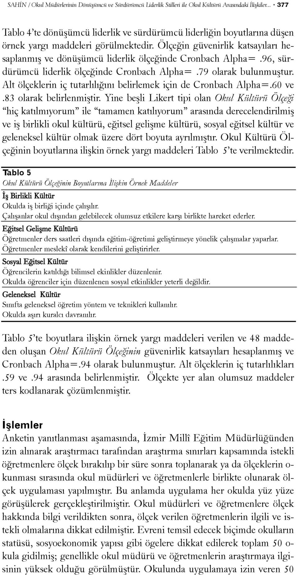 Ölçeðin güvenirlik katsayýlarý hesaplanmýþ ve dönüþümcü liderlik ölçeðinde Cronbach Alpha=.96, sürdürümcü liderlik ölçeðinde Cronbach Alpha=.79 olarak bulunmuþtur.