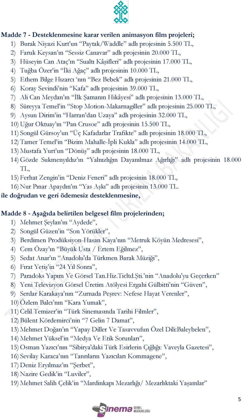 000 TL, 6) Koray Sevindi nin Kafa adlı projesinin 39.000 TL, 7) Ali Can Meydan ın İlk Şamanın Hikâyesi adlı projesinin 13.000 TL, 8) Süreyya Temel in Stop Motion-Makarnagiller adlı projesinin 25.