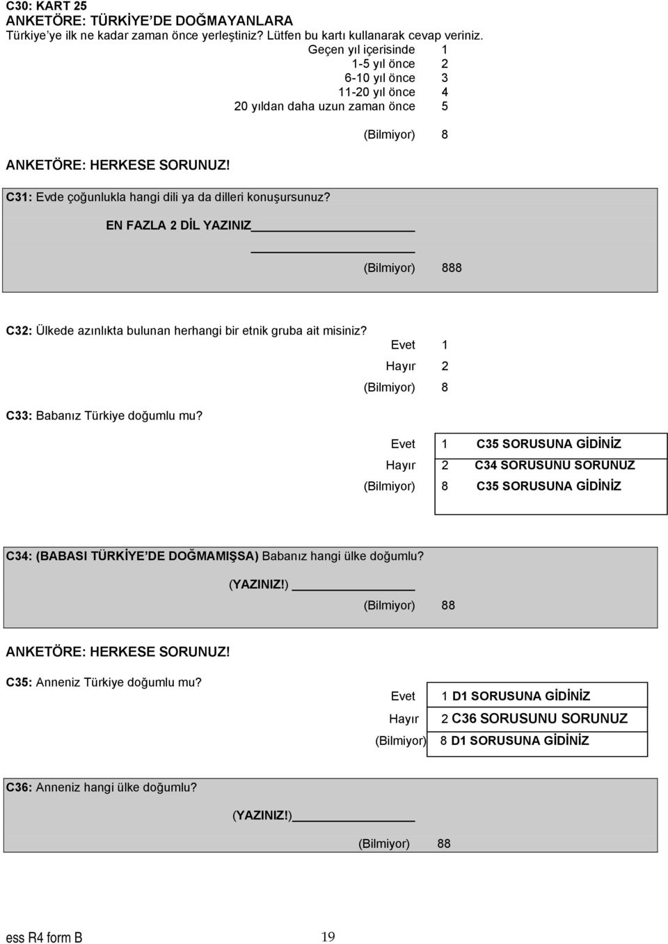 EN FAZLA 2 DİL YAZINIZ 88 C32: Ülkede azınlıkta bulunan herhangi bir etnik gruba ait misiniz? Evet 1 Hayır 2 C33: Babanız Türkiye doğumlu mu?