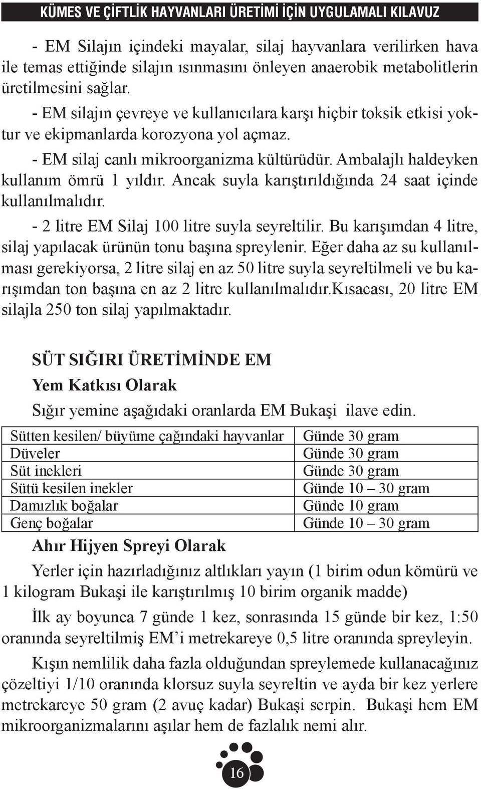 Ancak suyla karıştırıldığında 24 saat içinde kullanılmalıdır. - 2 litre EM Silaj 100 litre suyla seyreltilir. Bu karışımdan 4 litre, silaj yapılacak ürünün tonu başına spreylenir.