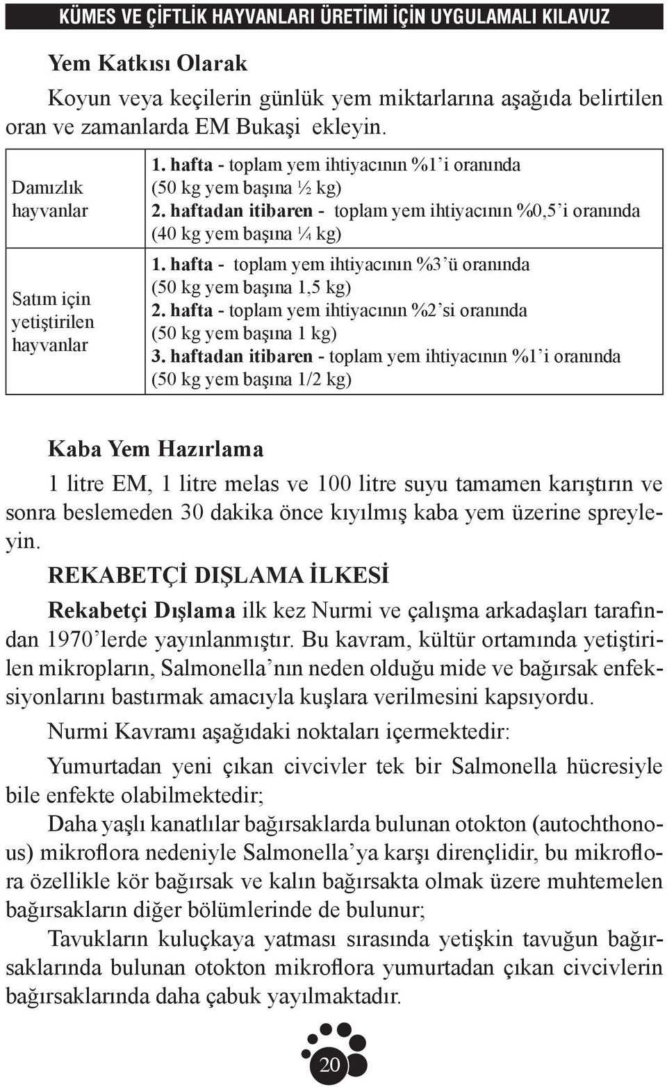 hafta - toplam yem ihtiyacının %3 ü oranında (50 kg yem başına 1,5 kg) 2. hafta - toplam yem ihtiyacının %2 si oranında (50 kg yem başına 1 kg) 3.