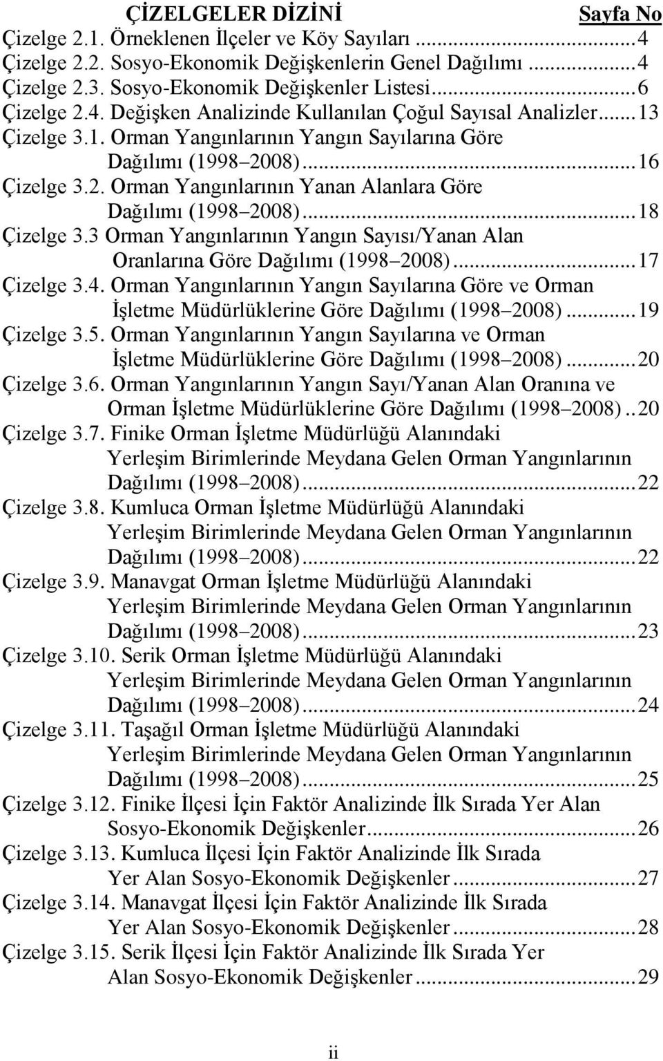 .. 18 Çizelge 3.3 Orman Yangınlarının Yangın Sayısı/Yanan Alan Oranlarına Göre Dağılımı (1998 2008)... 17 Çizelge 3.4.