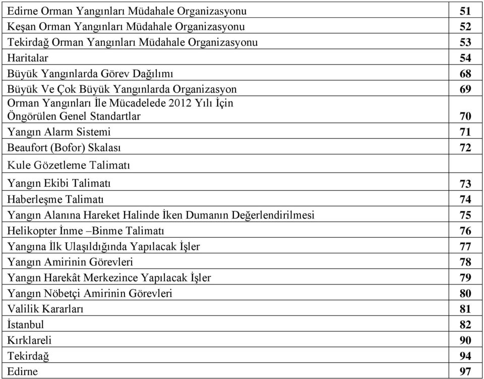 Kule Gözetleme Talimatı Yangın Ekibi Talimatı 73 Haberleşme Talimatı 74 Yangın Alanına Hareket Halinde İken Dumanın Değerlendirilmesi 75 Helikopter İnme Binme Talimatı 76 Yangına İlk