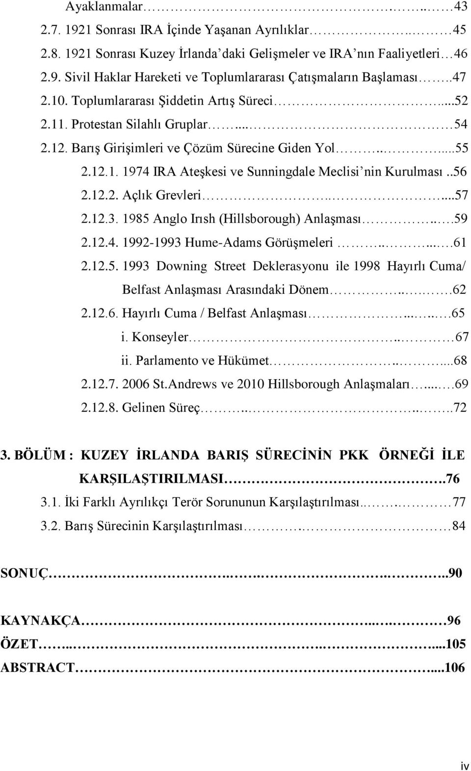 .56 2.12.2. Açlık Grevleri.....57 2.12.3. 1985 Anglo Irısh (Hillsborough) Anlaşması...59 2.12.4. 1992-1993 Hume-Adams Görüşmeleri......61 2.12.5. 1993 Downing Street Deklerasyonu ile 1998 Hayırlı Cuma/ Belfast Anlaşması Arasındaki Dönem.