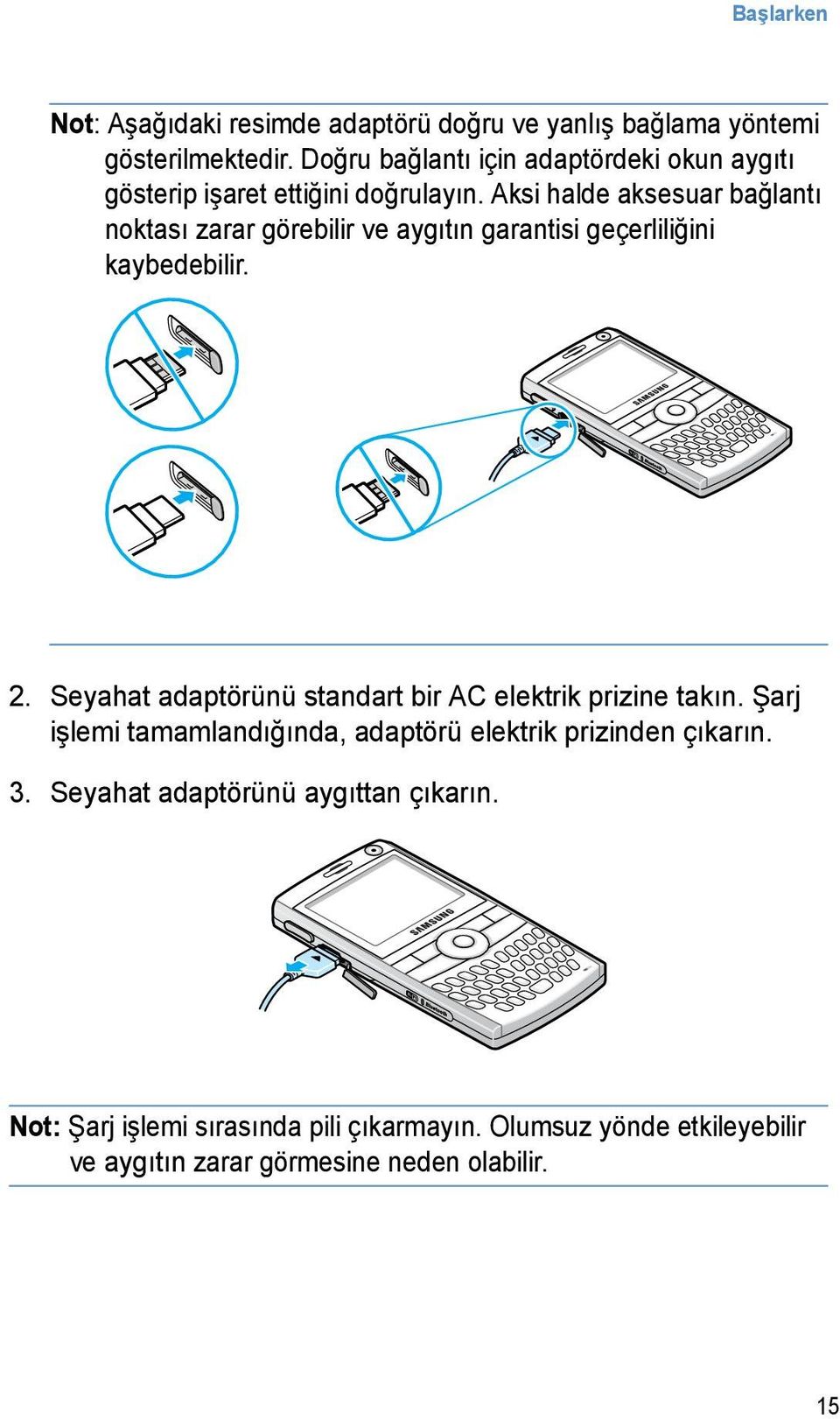 Aksi halde aksesuar bağlantı noktası zarar görebilir ve aygıtın garantisi geçerliliğini kaybedebilir. 2.