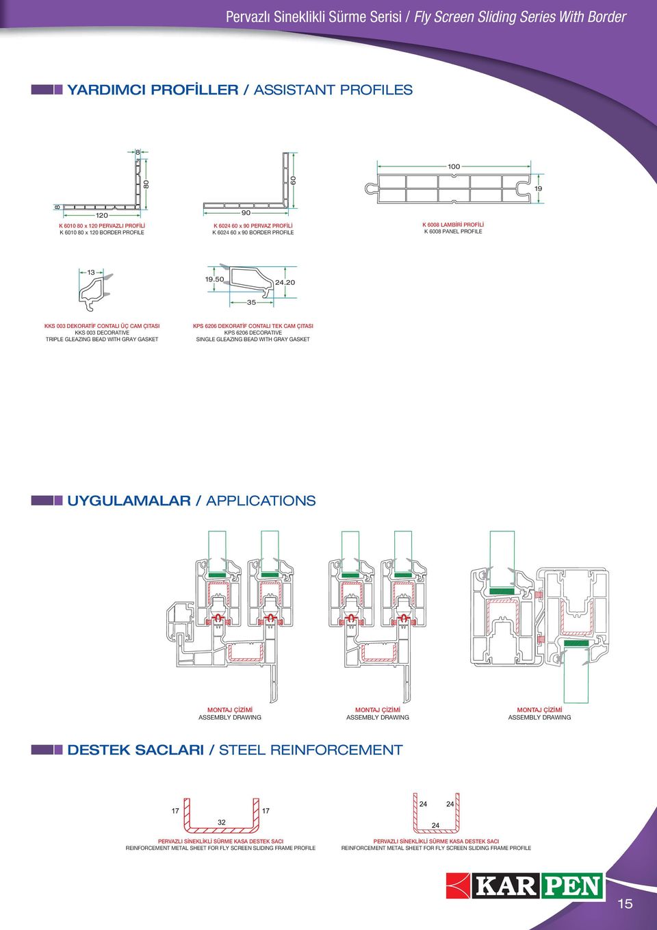 WITH GRAY GASKET KPS 6206 DEKORATİF CONTALI TEK CAM ÇITASI KPS 6206 DECORATIVE SINGLE GLEAZING BEAD WITH GRAY GASKET UYGULAMALAR / APPLICATIONS DESTEK SACLARI / PERVAZLI SİNEKLİKLİ