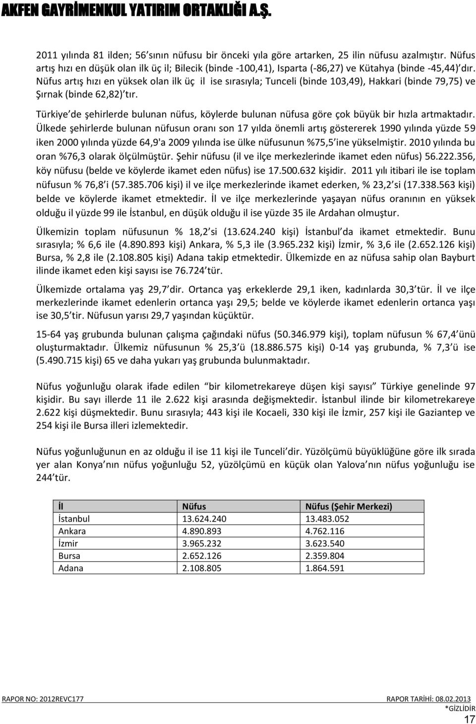 Nüfus artış hızı en yüksek olan ilk üç il ise sırasıyla; Tunceli (binde 103,49), Hakkari (binde 79,75) ve Şırnak (binde 62,82) tır.