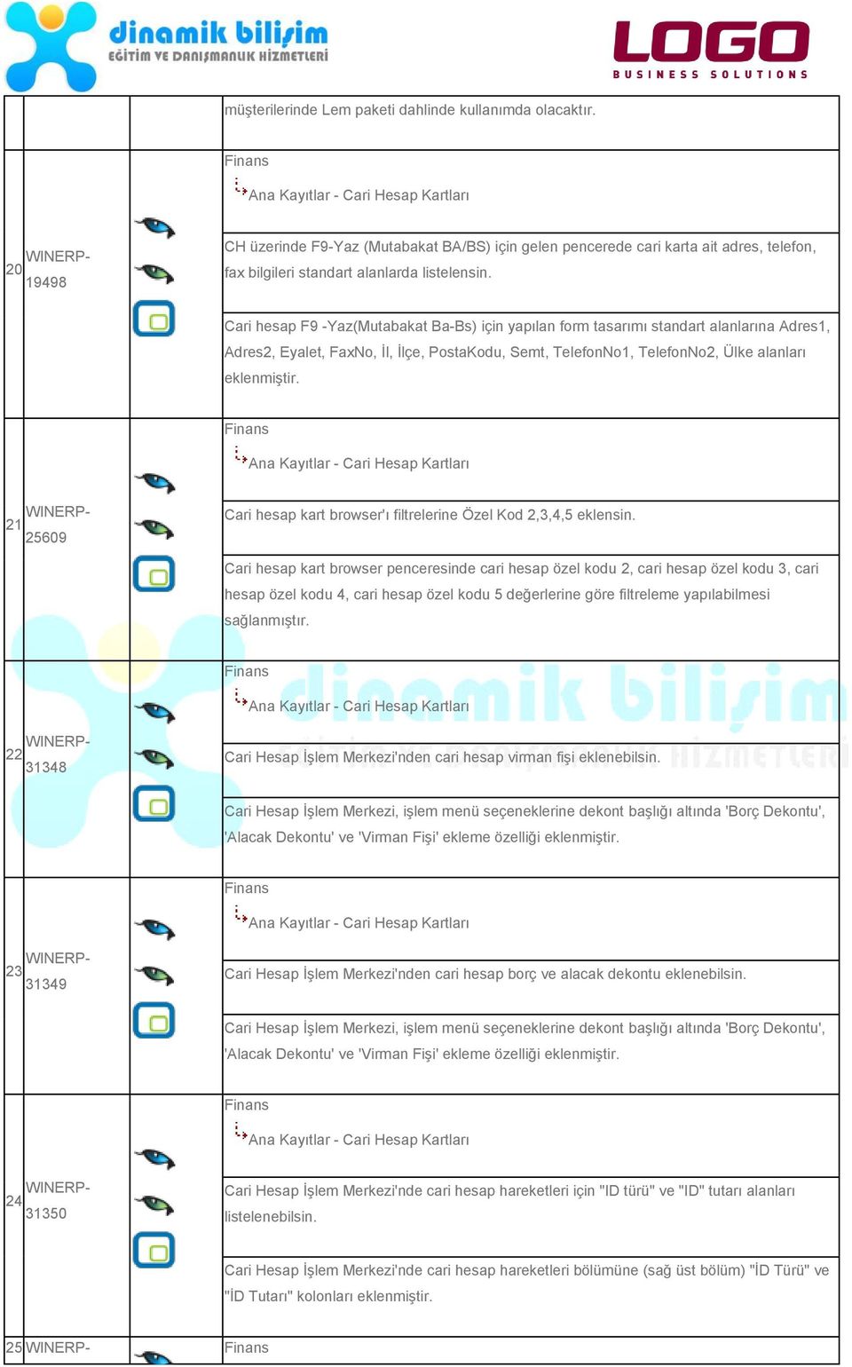 Cari hesap F9 -Yaz(Mutabakat Ba-Bs) için yapılan form tasarımı standart alanlarına Adres1, Adres2, Eyalet, FaxNo, İl, İlçe, PostaKodu, Semt, TelefonNo1, TelefonNo2, Ülke alanları eklenmiştir.