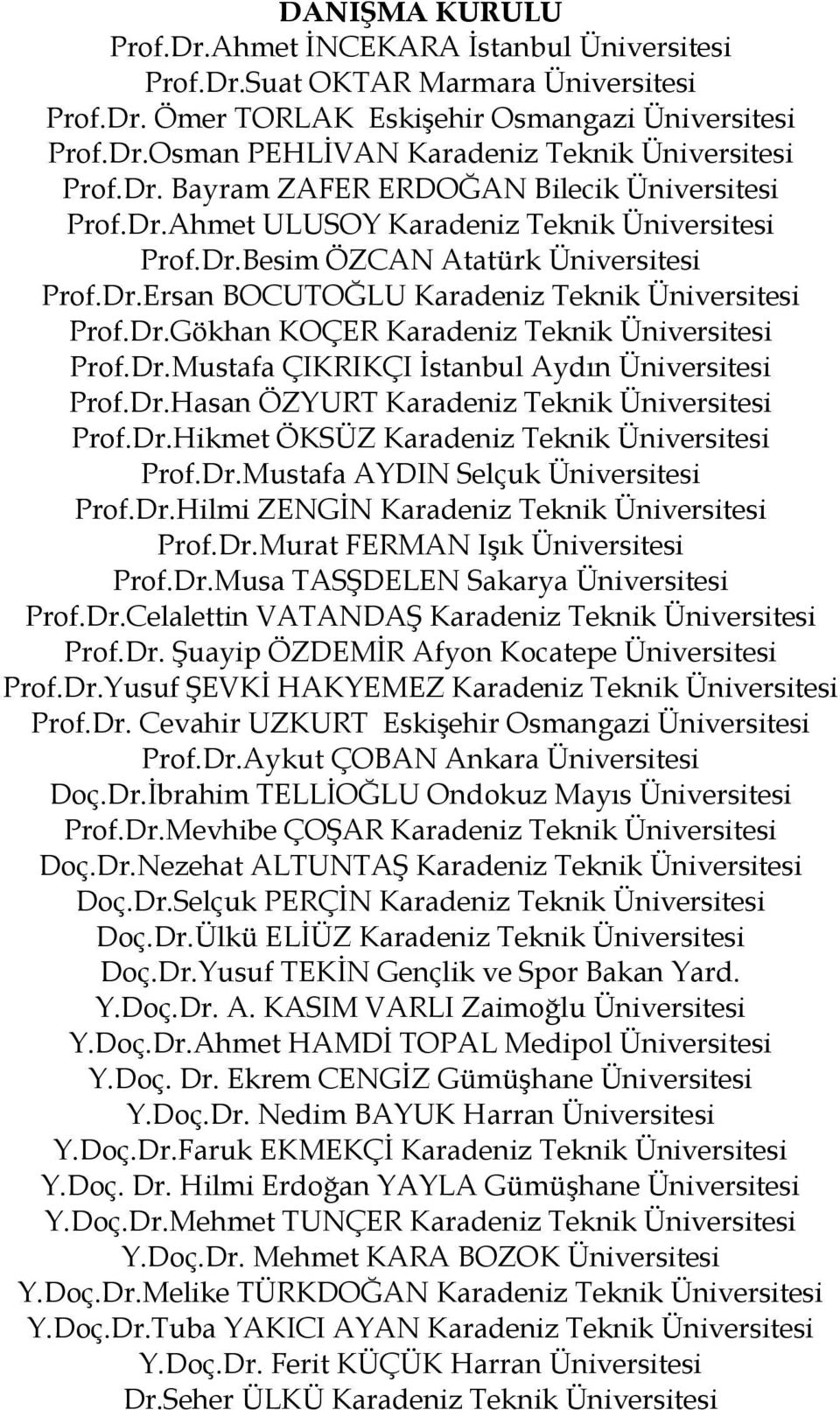 Dr.Mustafa ÇIKRIKÇI İstanbul Aydın Üniversitesi Prof.Dr.Hasan ÖZYURT Karadeniz Teknik Üniversitesi Prof.Dr.Hikmet ÖKSÜZ Karadeniz Teknik Üniversitesi Prof.Dr.Mustafa AYDIN Selçuk Üniversitesi Prof.Dr.Hilmi ZENGİN Karadeniz Teknik Üniversitesi Prof.