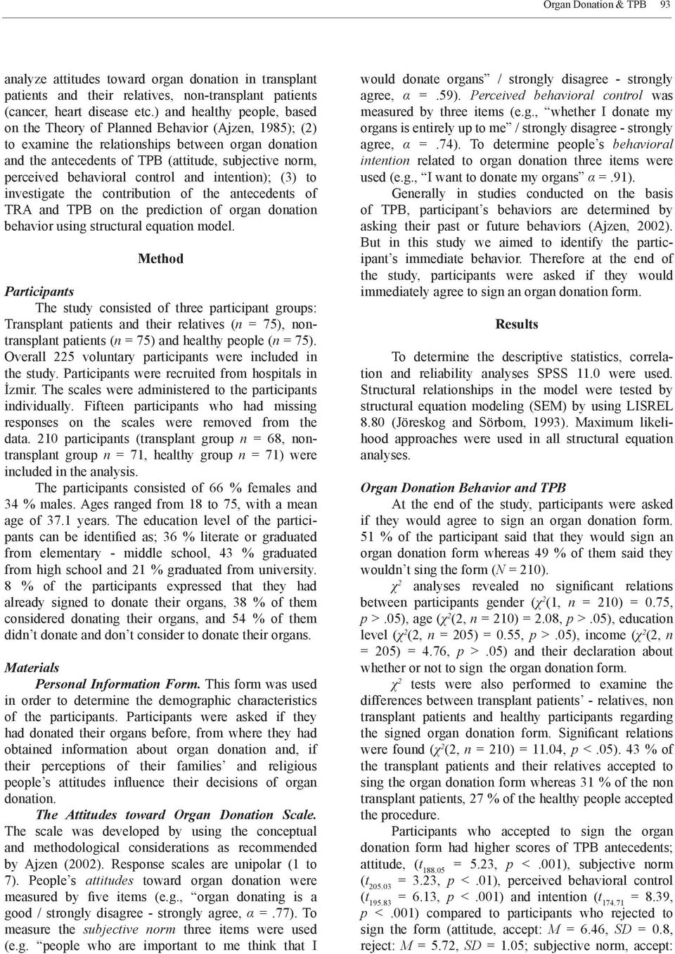 behavioral control and intention); (3) to investigate the contribution of the antecedents of TRA and TPB on the prediction of organ donation behavior using structural equation model.