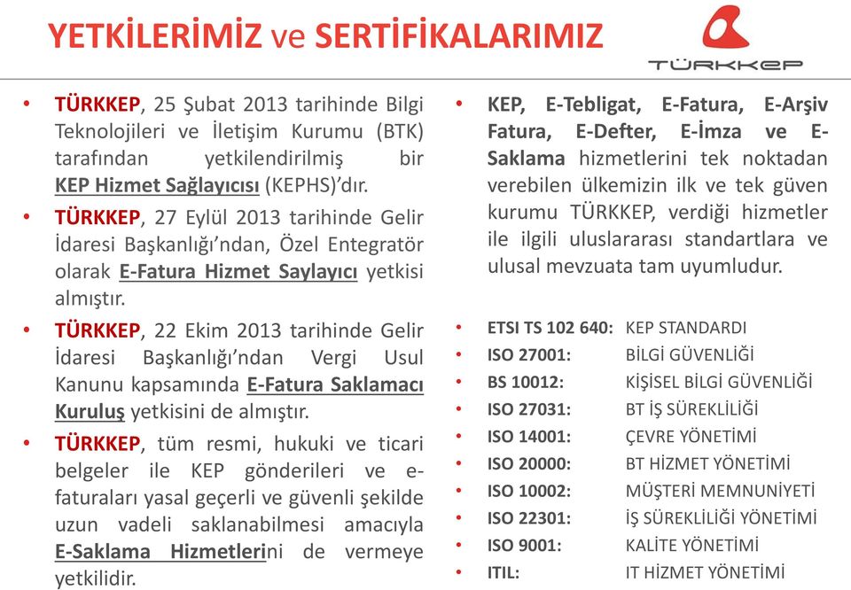TÜRKKEP, 22 Ekim 2013 tarihinde Gelir İdaresi Başkanlığı ndan Vergi Usul Kanunu kapsamında E-Fatura Saklamacı Kuruluş yetkisini de almıştır.