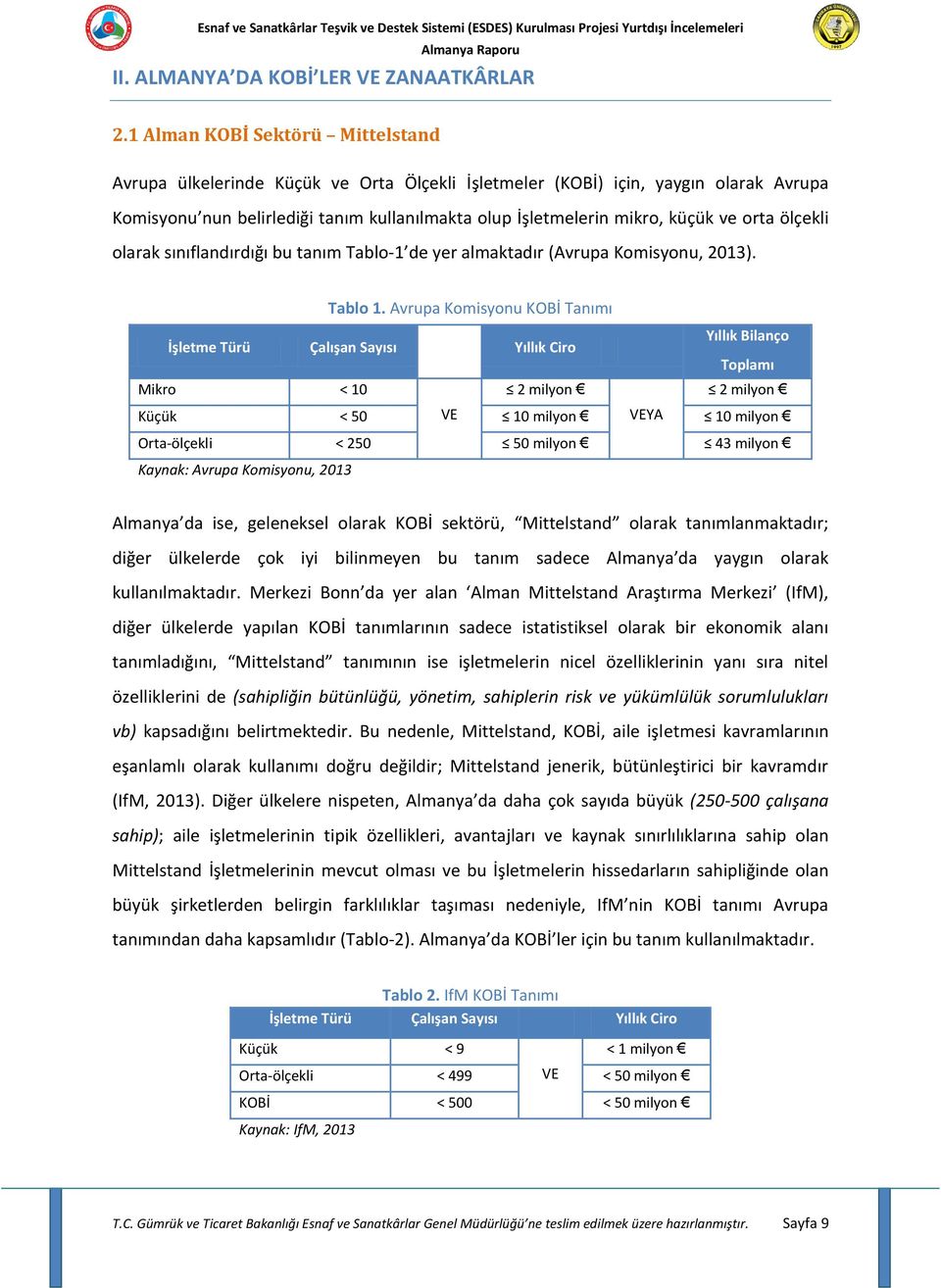 orta ölçekli olarak sınıflandırdığı bu tanım Tablo-1 de yer almaktadır (Avrupa Komisyonu, 2013). Tablo 1.