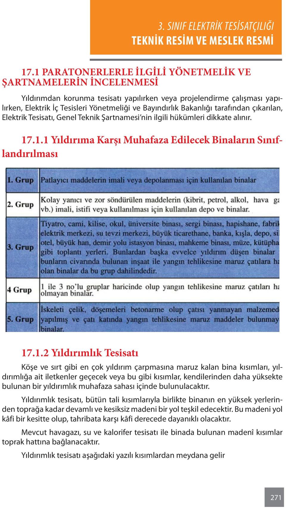 .1.1 Yıldırıma karşı muhafaza edilecek binaların sınıflandırılması 17.1.2 Yıldırımlık tesisatı Köşe ve sırt gibi en çok yıldırım çarpmasına maruz kalan bina kısımları, yıldırımlığa ait iletkenler