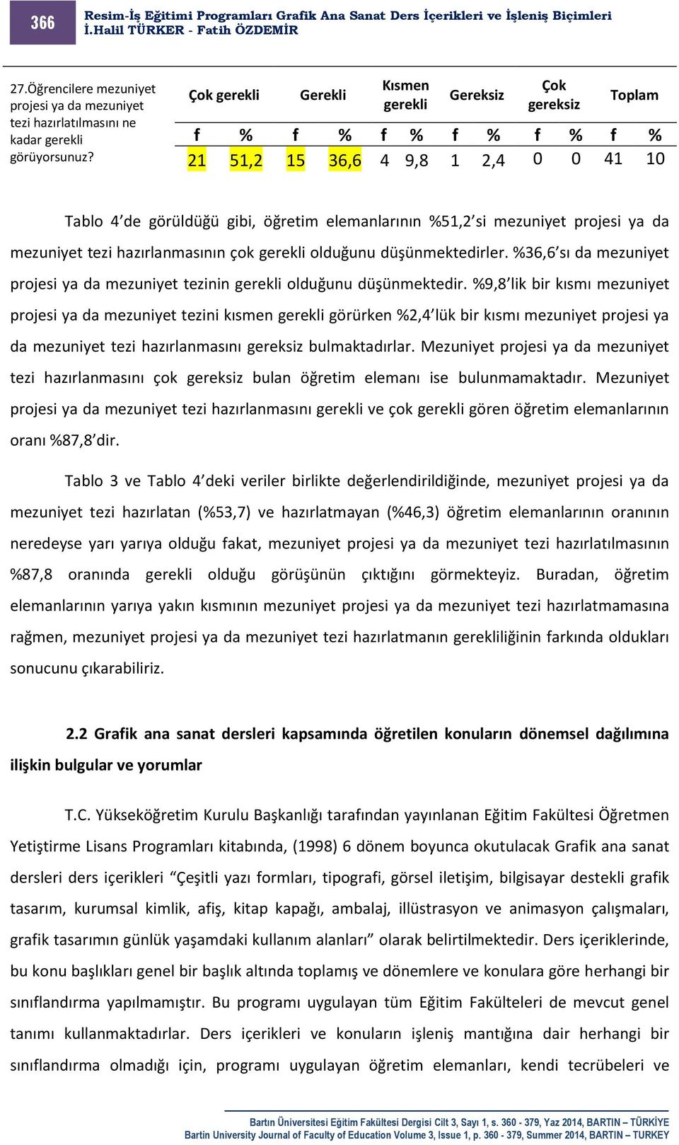 projesi ya da mezuniyet tezi hazırlanmasının çok gerekli olduğunu düşünmektedirler. %36,6 sı da mezuniyet projesi ya da mezuniyet tezinin gerekli olduğunu düşünmektedir.