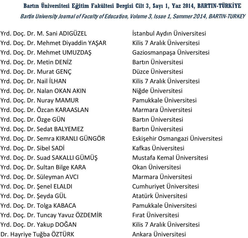 Doç. Dr. Özcan KARAASLAN Yrd. Doç. Dr. Özge GÜN Yrd. Doç. Dr. Sedat BALYEMEZ Yrd. Doç. Dr. Semra KIRANLI GÜNGÖR Yrd. Doç. Dr. Sibel SADİ Yrd. Doç. Dr. Suad SAKALLI GÜMÜŞ Yrd. Doç. Dr. Sultan Bilge KARA Yrd.