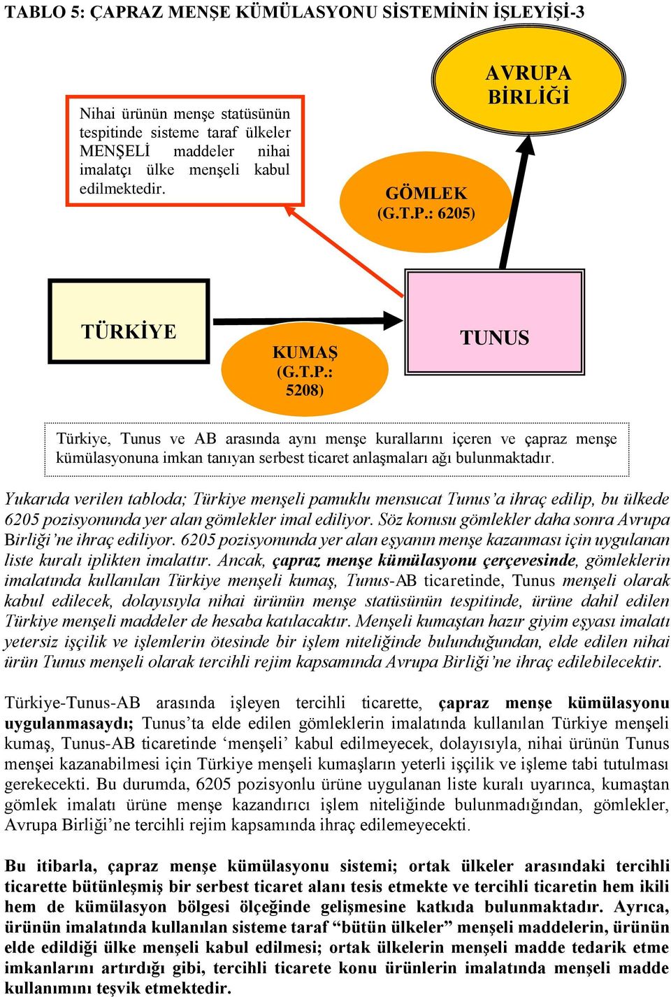 Yukarıda verilen tabloda; Türkiye menşeli pamuklu mensucat Tunus a ihraç edilip, bu ülkede 6205 pozisyonunda yer alan gömlekler imal ediliyor.