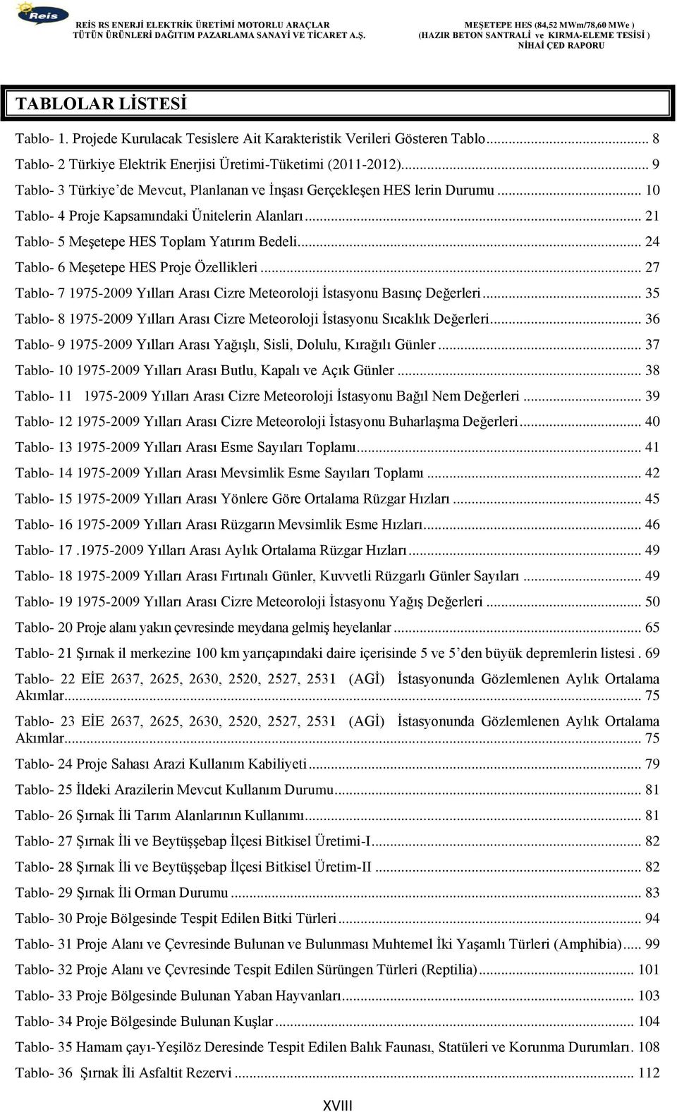 .. 24 Tablo- 6 Meşetepe HES Proje Özellikleri... 27 Tablo- 7 1975-2009 Yılları Arası Cizre Meteoroloji İstasyonu Basınç Değerleri.