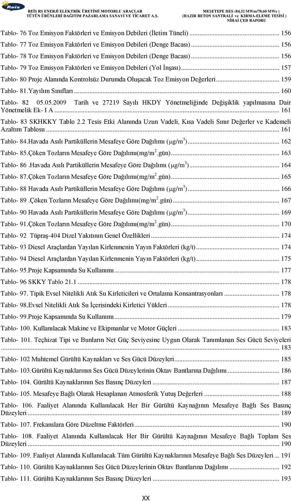 .. 157 Tablo- 80 Proje Alanında Kontrolsüz Durumda Oluşacak Toz Emisyon Değerleri... 159 Tablo- 81.Yayılım Sınıfları... 160 Tablo- 82 05.