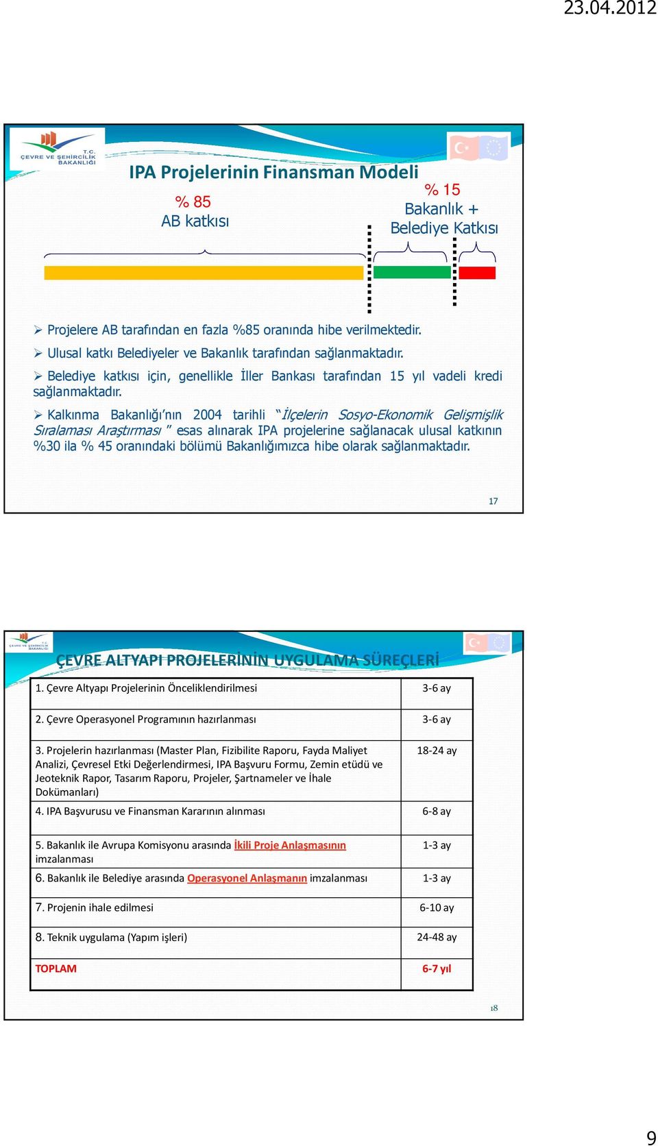 Kalkınma Bakanlığı nın 2004 tarihli İlçelerin Sosyo-Ekonomik Gelişmişlik Sıralaması Araştırması esas alınarak IPA projelerine sağlanacak ulusal katkının %30 ila % 45 oranındaki bölümü Bakanlığımızca