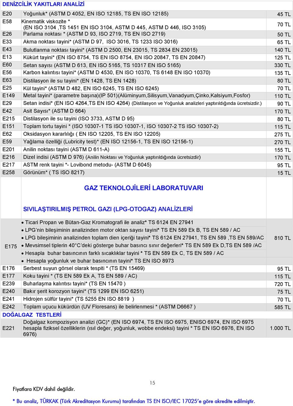 23015) 140 TL E13 Kükürt tayini* (EN ISO 8754, TS EN ISO 8754, EN ISO 20847, TS EN 20847) 125 TL E60 Setan sayısı (ASTM D 613, EN ISO 5165, TS 10317 EN ISO 5165) 330 TL E56 Karbon kalıntısı tayini*