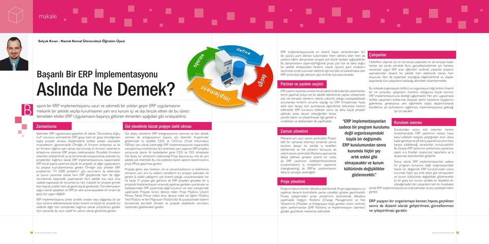 ERP Uygulamasını başarıya götüren etmenleri aşağıdaki gibi sıralayabiliriz. Zamanlama İşletmeler ERP uygulamasına geçerken ilk olarak Zamanlama doğru mu? sorusunu sormalıdırlar.