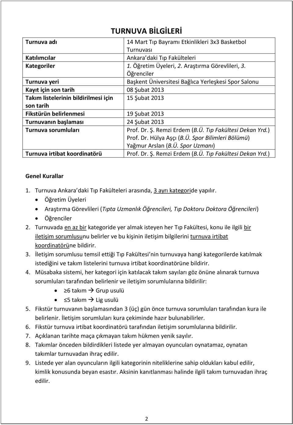 Şubat 2013 Turnuvanın başlaması 24 Şubat 2013 Turnuva sorumluları Prof. Dr. Ş. Remzi Erdem (B.Ü. Tıp Fakültesi Dekan Yrd.) Prof. Dr. Hülya Aşçı (B.Ü. Spor Bilimleri Bölümü) Yağmur Arslan (B.Ü. Spor Uzmanı) Turnuva irtibat koordinatörü Prof.