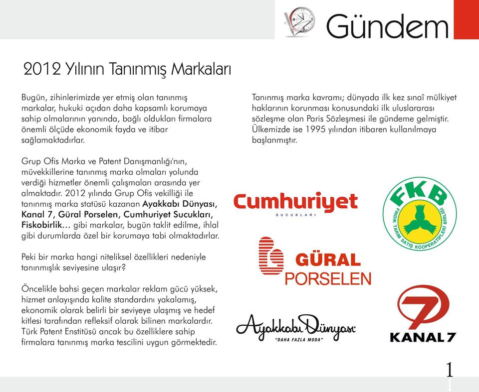 2012 yılında Grup Ofis vekilliği ile tanınmış marka statüsü kazanan Ayakkabı Dünyası, Kanal 7, Güral Porselen, Cumhuriyet Sucukları, Fiskobirlik gibi markalar, bugün taklit edilme, ihlal gibi